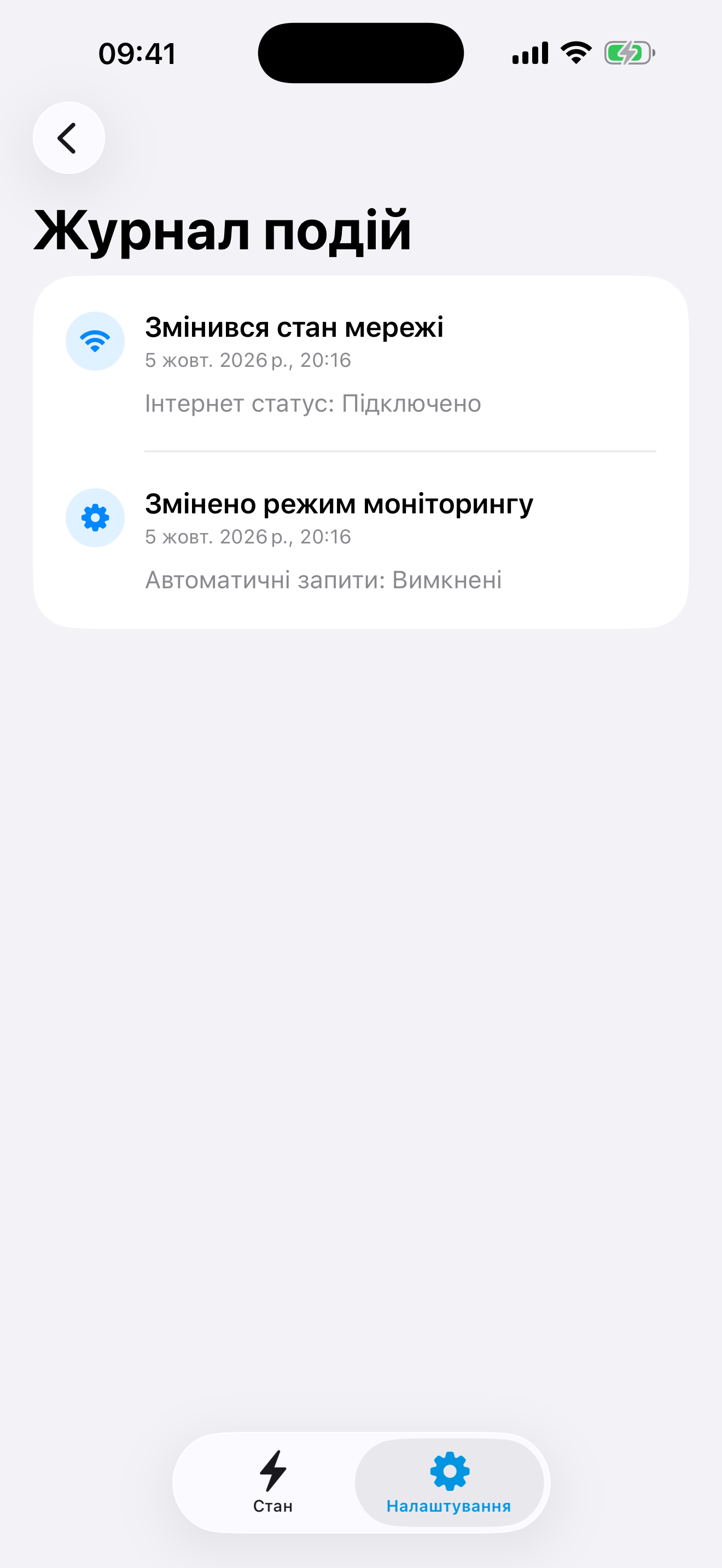 Екран журналу подій зі змінами стану мережі й режиму моніторингу